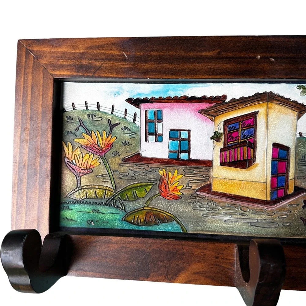 Mexican Coat Hook Wall Hanging 19x10 Inch Folk Art Painting‎ Wood Village Homes